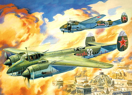 두 개의 녹색 전투기 그림, 비행기, 마우스, 예술, 소련, 폭격기, 같은, BBC, 2 차 세계 대전, 하루, 휘발성, 소련, 쌍둥이 엔진, WW2., 또한, 고속, 알려진, 박쥐, Tu-2S, 개미-58, 103, HD 배경 화면 HD wallpaper