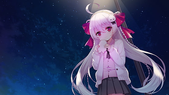 gadis anime, loli, rambut merah muda, langit, malam, rambut panjang, pita, Anime, Wallpaper HD HD wallpaper