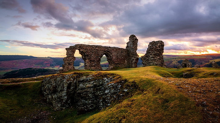formazione di pietre grigie e verdi, natura, HDR, paesaggio, Castello di Dinas Bran, Galles, castello, rovina, Sfondo HD