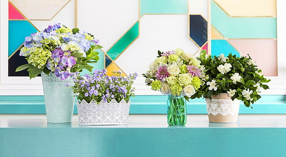 flores, rosas, vasos, flores roxas, flores brancas, flores azuis, HD papel de parede HD wallpaper