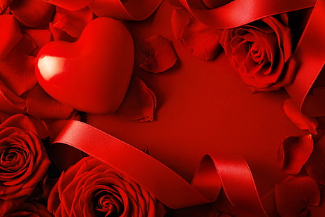 หัวใจ, ความรัก, วันวาเลนไทน์, ริบบิ้น, กุหลาบ, โรแมนติก, สีแดง, วอลล์เปเปอร์ HD HD wallpaper