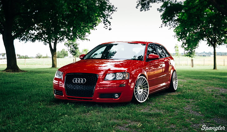 red Audi 3-door hatchback, audi a3, red, front view, auto, grass, HD wallpaper