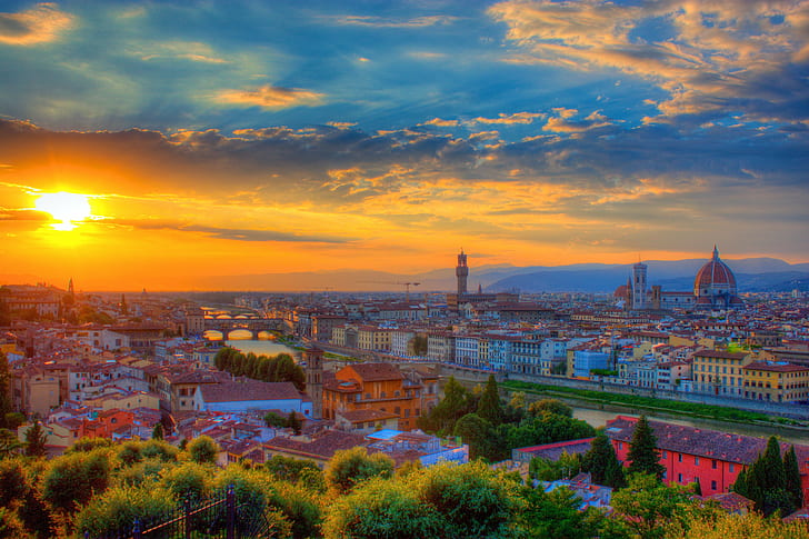 aerial view of high buildings and green trees with sunrise during day time, florence, florence, Sunset, Florence, aerial view, high, buildings, green, trees, sunrise, day, time, Basilica di Santa Maria del Fiore, Cityscape, Giotto's Campanile, HDR, Italy, Landscape, Palazzo Vo, Ponte Vo, River, VVV, architecture, famous Place, urban Skyline, dusk, sky, europe, urban Scene, night, tower, city, HD wallpaper