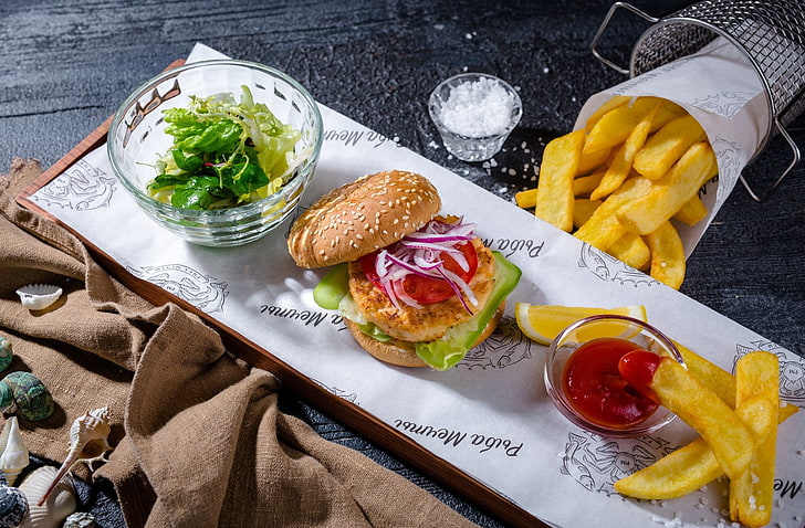 Fries, food, burgers, salad, HD wallpaper