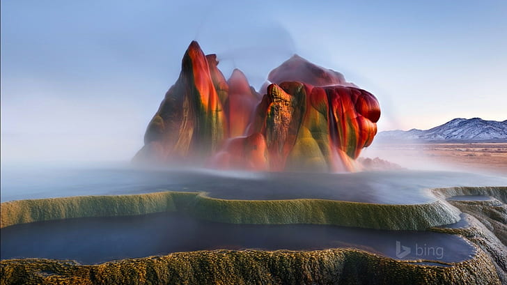 gejzery, przyroda, krajobraz, formacja skalna, mgła, Nevada, Tapety HD