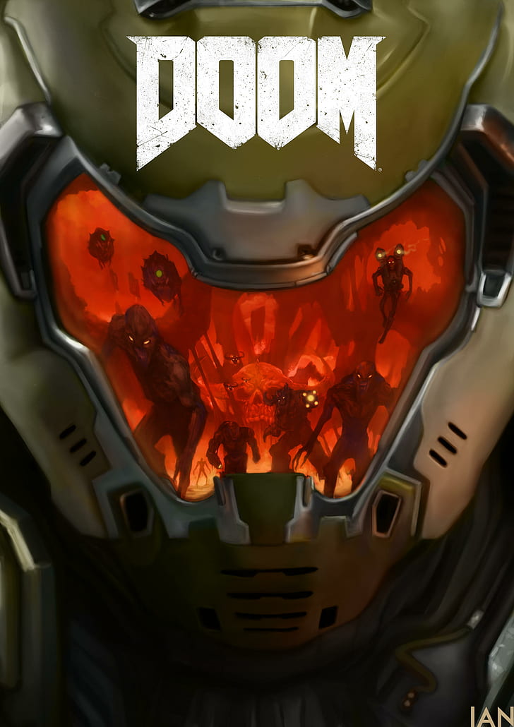 Doom (permainan), Doom 4, Doom (2016), pembunuh Doom, baju besi fantasi, setan, neraka, seni digital, Video Game Art, penembak orang pertama, seni kipas, Wallpaper HD, wallpaper seluler