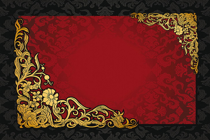 pintura floral vermelha e amarela, retrô, padrão, vetor, escuro, vermelho, dourado, ornamento, vintage, textura, plano de fundo, gradiente, HD papel de parede