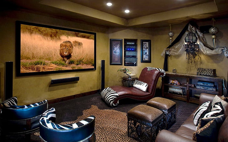 Wildlife inspired interior design, brown leather chaise lounge; brown leather square ottomans set, photography, 1920x1200, room, lion, television, chair, design, HD wallpaper