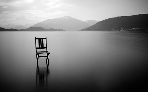 Krzesło, lód, jezioro, monochromatyczny, Tapety HD HD wallpaper