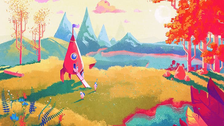 KDE, KDE Plasma, Louis Durrant, colorful, rocket, artwork, landing, HD wallpaper