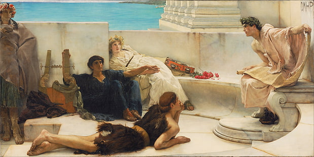 tessuto beige, arte classica, pittura, storia, mitologia greca, Laurence Alma-Tadema, A Reading from Homer, artwork, Sfondo HD HD wallpaper