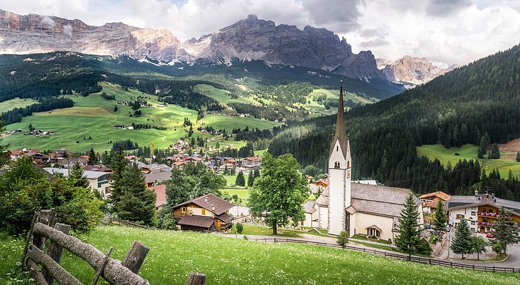 Alta Badia, a ski resort in the Dolomites, Italy, Europe, Italy, Travel, Nature, Landscape, Green, Grass, Trees, Mountain, Church, Village, Mountains, Photography, Sony, Outdoor, Clouds, Houses, Italia, Vacation, Villa, geotagged, visit, dolomiti, tourism, dolomites, touristdestinations, trentino, alta badia, badia, Sella group, sella, HD wallpaper