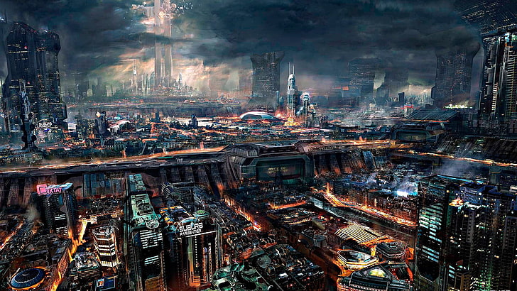 illustrazione del grattacielo, cyberpunk, fantascienza, città, ricordami, Sfondo HD