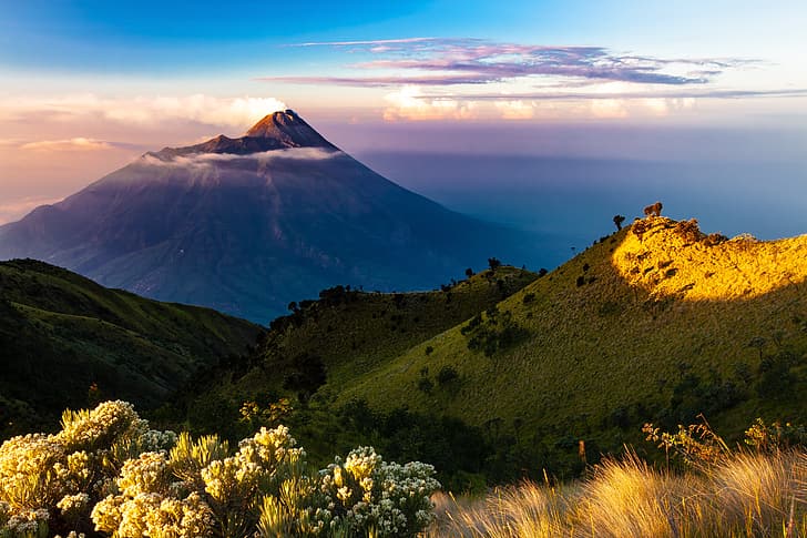 sky, trees, landscape, nature, clouds, mountain, Indonesia, Java, volcano, Java island, HD wallpaper