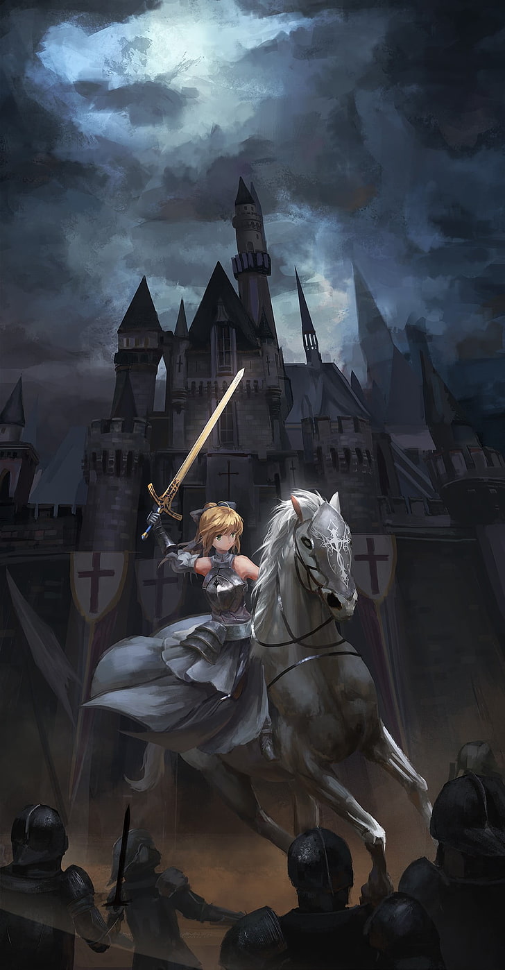 blonde-haired female anime character wallpaper, anime, anime girls, Fate/Grand Order, Fate/Stay Night, Fate/Unlimited Codes , Saber, Saber Lily, armor, sword, weapon, castle, blonde, green eyes, HD wallpaper