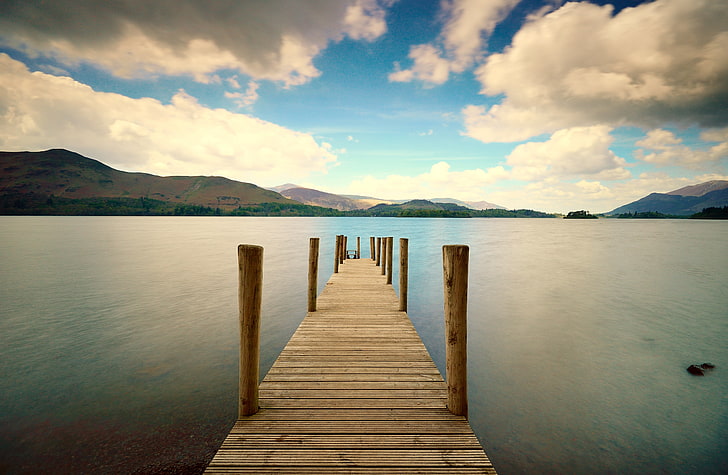 beige dock, pier, river, mountain, distance, sky, HD wallpaper