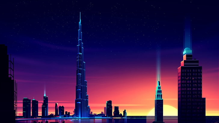 city buildings, high-rise buildings digital wallpaper, pixels, skyscraper, Burj Khalifa, Dubai, night, cityscape, colorful, HD wallpaper