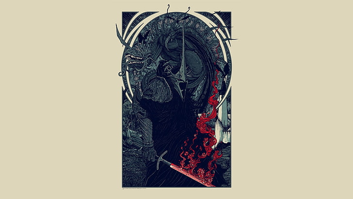 poster karya seni naga abu-abu dan hitam, The Lord of the Rings, J. R. R. Tolkien, Nazgûl, seni fantasi, Wallpaper HD