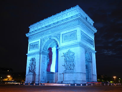 المعالم الأثرية ، قوس النصر ، الأزرق ، علم فرنسا ، فرنسا ، النصب التذكاري ، الليل ، باريس، خلفية HD HD wallpaper
