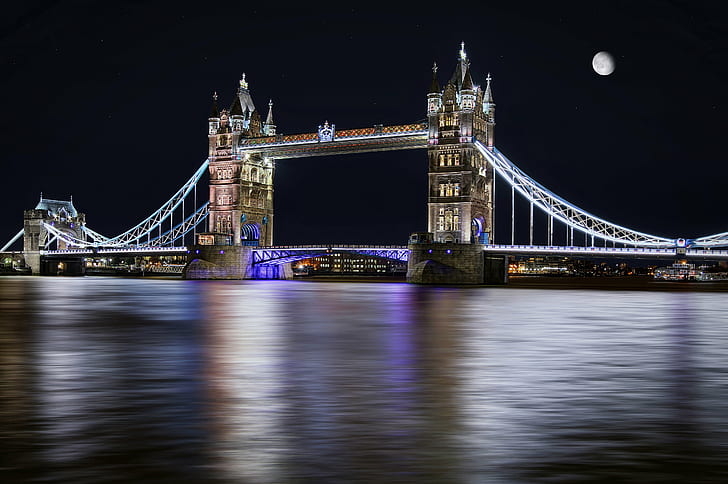 Tower bridge in London during nightime, tower bridge, Tower Bridge, Bridge  Tower, London, xt, com, tii, array, fine art photography, imagery, hdr, high dynamic range, travel  photography, united kingdom, british, brits, london bridge, moon  river, river thames, reflection, night photography, architecture, travel photography, motion blur, bridge, canon, thames River, london - England, england, uK, famous Place, bridge - Man Made Structure, river, drawbridge, british Culture, international Landmark, night, capital Cities, english Culture, history, travel Destinations, HD wallpaper