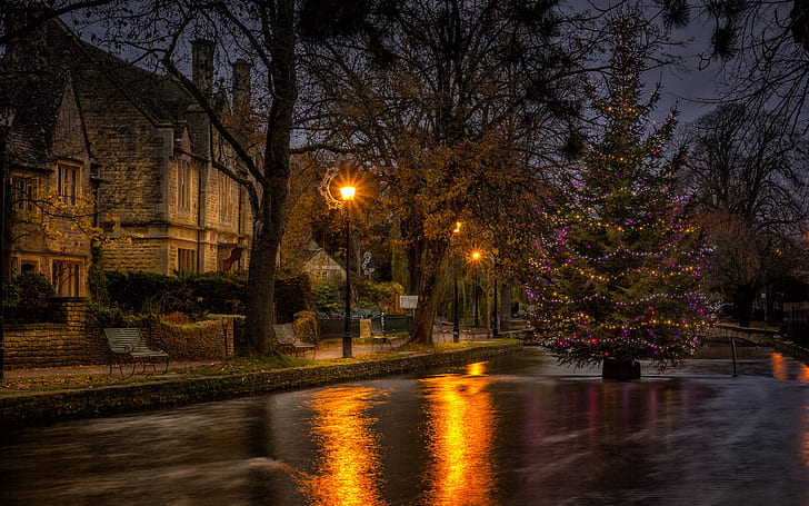 Houses, trees, lights, river, New Year, Christmas, Houses, Trees, Lights, River, New, Year, Christmas, HD wallpaper