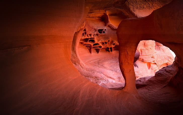 природа, пещера, красный, камни, песчаник, HD обои