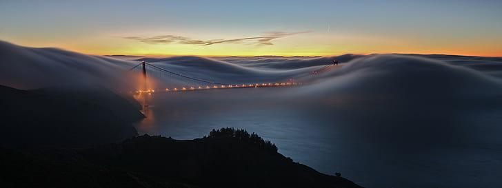 мост, туман, море, огни, мост Золотые Ворота, HD обои