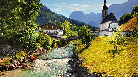 wieś, niemcy, europa, kościół, bawaria, park narodowy berchtesgaden, reiter alpe, alpy, berchtesgaden, st. kościół św., Tapety HD HD wallpaper