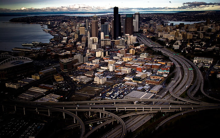 птица изглед снимка на град, Сиатъл, градски пейзаж, хоризонт, град, градски, сграда, кръстовища, HD тапет