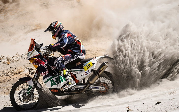 moto de tierra blanca y negra, KTM, Dakar, carrera Dakar, vehículo, deporte, carreras, Fondo de pantalla HD