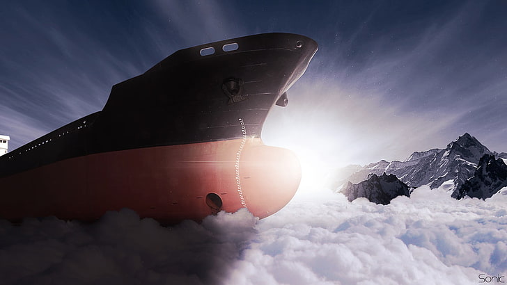 black and red airship, ship, ice, ice breaker, HD wallpaper