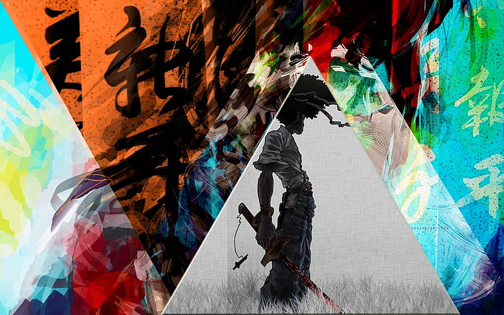 homem segurando papel de parede espada, Afro Samurai, colorido, chinês, triângulo, artes marciais mistas, samurai, anime, katana, HD papel de parede
