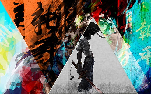 homem segurando papel de parede espada, Afro Samurai, colorido, chinês, triângulo, artes marciais mistas, samurai, anime, katana, HD papel de parede HD wallpaper