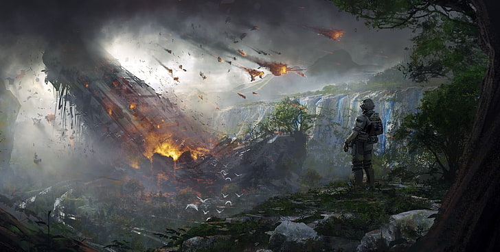 رجل يقف بالقرب من الأشجار التوضيح ، ألعاب الفيديو ، Titanfall 2 ، سفينة الفضاء ، الجندي ، العمل الفني ، Titanfall، خلفية HD