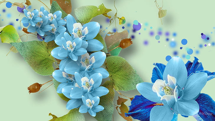 Blue Floral On Green, cyan flowers, spring, firefox persona, vines, floral, leaves, summer, spots, flowers, 3d and abstract, HD wallpaper