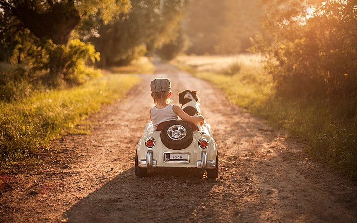 anak-anak, anjing, mobil, lampu, matahari terbenam, musim panas, Wallpaper HD