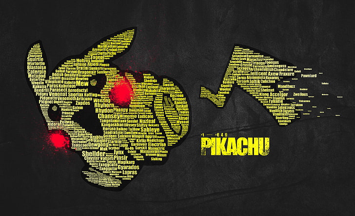 Tapeta tekstowa w chmurze Pokemon Pikachu, Pikachu, Pokemon First Generation, typografia, gry wideo, Tapety HD