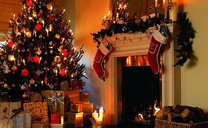 коледно дърво, подаръци, свещи, камина, дърва за огрев, чорапи, Коледа, празник, коледно дърво, подаръци, свещи, камина, дърва за огрев, чорапи, Коледа, празник, HD тапет