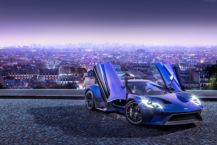 supercar, concept, test drive, luxury cars, sports car, blue, Ford GT, HD wallpaper