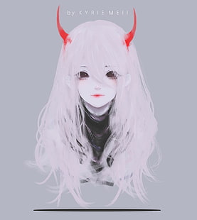  anime girls, anime, Kyrie Meii, dark eyes, horns, face, long hair, simple background, HD wallpaper HD wallpaper
