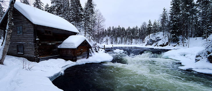 кафява дървена кабина през зимния сезон, Myllykoski, каюта, зима, сезон, karhunkierros, национален парк oulanka, kuusamo, Финландия, река, kitkajoki, сняг, природа, на открито, гора, студ - температура, пейзаж, дърво, лед, HD тапет