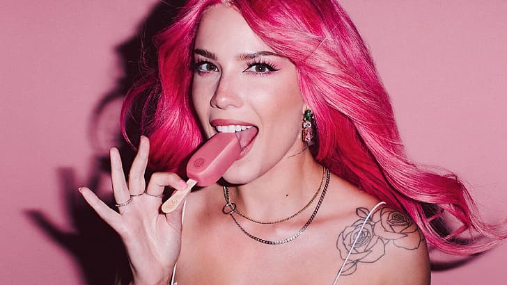 Halsey, Magnum Ice Cream (Food), singer, pink, tattoo, women, pink hair, HD wallpaper