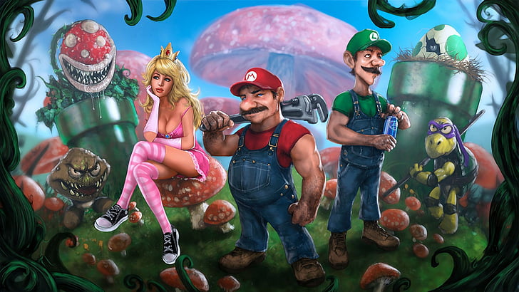 Марио, Super Mario Bros., Goomba, Kappa, Luigi, Piranha Plant, Princess Peach, HD тапет