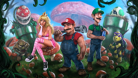 Mario, Super Mario Bros., Goomba, Kappa, Luigi, Piranha Plant, Princess Peach, HD wallpaper HD wallpaper