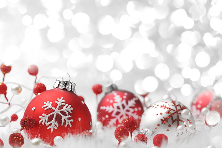 три красно-белые безделушки, свет, украшения, снежинки, красные, шарики, серебро, Новый год, боке, с Рождеством, снежинка, украшения, HD обои
