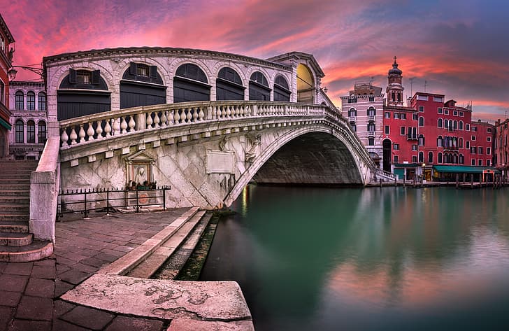 Italia, Venesia, saluran, matahari terbenam, Panorama, Kanal Besar, Jembatan Rialto, Gereja San Bartolomeo, Wallpaper HD