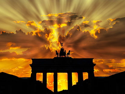 architecture, berlin, brandenburg gate, clouds, germany, landmark, nature, silhouette, sky, sunrays, sunrise, sunset, HD wallpaper HD wallpaper
