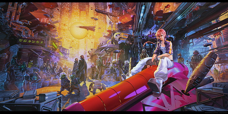 woman sitting on canon illustration, artwork, concept art, science fiction, aliens, comics, futuristic, city, spaceship, robot, technology, original characters, pink hair, belly, skyscraper, creature, space, glowing, detailed, ArseniXC, Meteora (comic), HD wallpaper