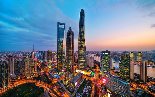 عصر جديد المشهد الليلي لاندمارك شنغهاي الصين، خلفية HD HD wallpaper