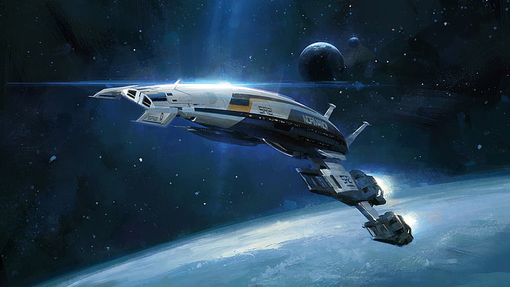white and black spacecraft digital wallpaper, space, ship, planet, Normandy, mass effect, sr-2, HD wallpaper